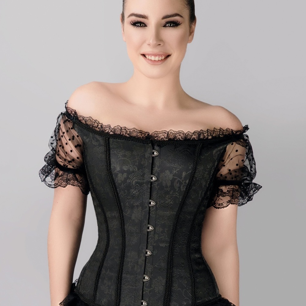 BLACK BROCADE OVERBUST WITH COURT NECK AND SLEEVES